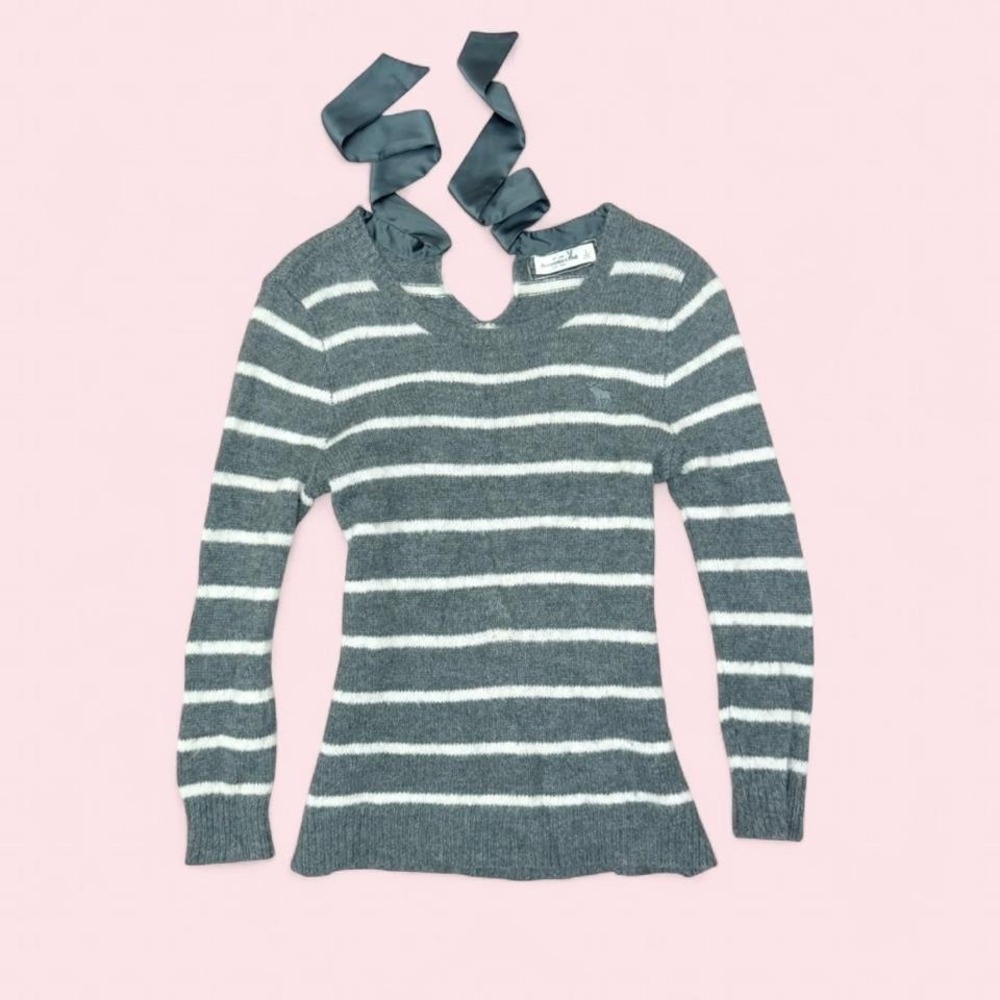 Abercrombie Fitch Wool Blend Sweater Ribbon Tie Striped Y2K Womens L